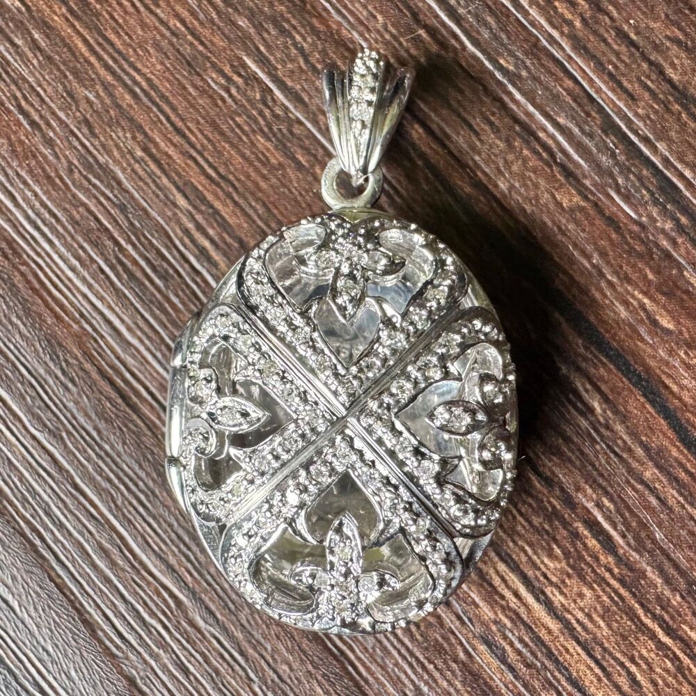 925 Sterling Silver STS Real Diamond Ornate Filigree Oval Locket Pendant Vintage